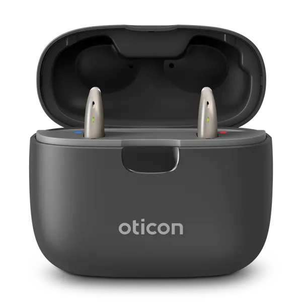 Oticon SmartCharger miniRITE R offen mit Hoergeraeten